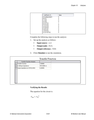 Chapter 10 Analyses
© National Instruments Corporation 10-81 NI Multisim User Manual
Complete the following steps to run the analysis:
1. Set up the analysis as follows:
• Input source—vv1
• Output node—V(3)
• Output reference—V(0)
2. Click Simulate to run the simulation.
Verifying the Results
The equation for the circuit is:
 