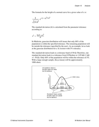 Chapter 10 Analyses
© National Instruments Corporation 10-95 NI Multisim User Manual
The formula for the height of a normal curve for a given value of x is:
The standard deviation (σ) is calculated from the parameter tolerance
according to:
In Multisim, gaussian distribution will insure that only 68% of the
population is within the specified tolerance. The remaining population will
be outside the tolerance (specified by the user). As an example, let us look
at the gaussian distribution for a 1k resistor with 5% tolerance.
The standard deviation leads to a tolerance band of 50 Ω. Therefore, one
standard deviation leads to a tolerance from 0.95kohms to 1.05 kΩ (1 kΩ
+/– 50 Ω). Only 68% of the population will be within the tolerance of 5%.
With a large enough sample, the μ (mean) will be approximately
1000 ohms.
 