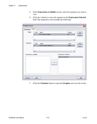 Chapter 11 Postprocessor
NI Multisim User Manual 11-6 ni.com
5. In the Expressions Available section, select the equation you want to
view.
6. Click the > button to move the equation to the Expressions Selected
field. The dialog box will resemble the following:
7. Click the Calculate button to open the Grapher and view the results.
 