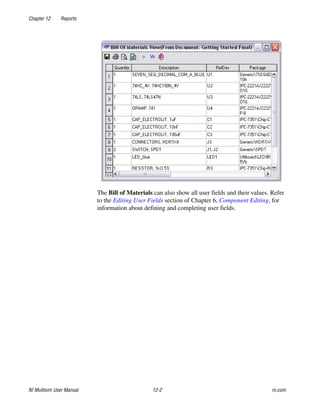 Chapter 12 Reports
NI Multisim User Manual 12-2 ni.com
The Bill of Materials can also show all user fields and their values. Refer
to the Editing User Fields section of Chapter 6, Component Editing, for
information about defining and completing user fields.
 