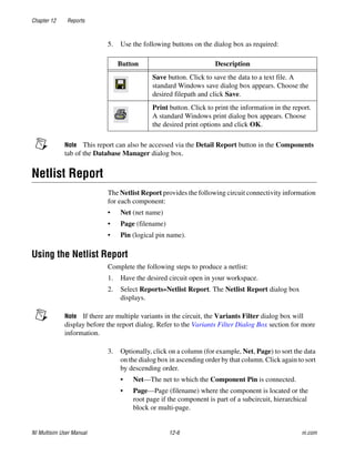 Chapter 12 Reports
NI Multisim User Manual 12-6 ni.com
5. Use the following buttons on the dialog box as required:
Note This report can also be accessed via the Detail Report button in the Components
tab of the Database Manager dialog box.
Netlist Report
The Netlist Report provides the following circuit connectivity information
for each component:
• Net (net name)
• Page (filename)
• Pin (logical pin name).
Using the Netlist Report
Complete the following steps to produce a netlist:
1. Have the desired circuit open in your workspace.
2. Select Reports»Netlist Report. The Netlist Report dialog box
displays.
Note If there are multiple variants in the circuit, the Variants Filter dialog box will
display before the report dialog. Refer to the Variants Filter Dialog Box section for more
information.
3. Optionally, click on a column (for example, Net, Page) to sort the data
on the dialog box in ascending order by that column. Click again to sort
by descending order.
• Net—The net to which the Component Pin is connected.
• Page—Page (filename) where the component is located or the
root page if the component is part of a subcircuit, hierarchical
block or multi-page.
Button Description
Save button. Click to save the data to a text file. A
standard Windows save dialog box appears. Choose the
desired filepath and click Save.
Print button. Click to print the information in the report.
A standard Windows print dialog box appears. Choose
the desired print options and click OK.
 