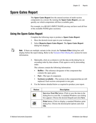 Chapter 12 Reports
© National Instruments Corporation 12-9 NI Multisim User Manual
Spare Gates Report
The Spare Gates Report lists the unused sections of multi-section
components in a circuit. By running the Spare Gates Report, you can
quickly see which components still have available gates.
For example, in a QUAD 2-INPUT NAND you may not have used all four
of the available NAND gates (sections).
Using the Spare Gates Report
Complete the following steps to produce a Spare Gates Report:
1. Have the desired circuit open in your workspace.
2. Select Reports»Spare Gates Report. The Spare Gates Report
dialog box displays.
Note If there are multiple variants in the circuit, the Variants Filter dialog box will
display before the report dialog. Refer to the Variants Filter Dialog Box section for more
information.
3. Optionally, click on a column to sort the data on the dialog box in
ascending order by that column. Click again to sort by descending
order.
The columns contain the following information:
• RefDes—The reference designator of the component that
contains the spare gates.
• Part—The type of component.
• Section(s) available—The sections in the component that are still
unplaced. Each section corresponds to one gate.
4. Use the buttons detailed below as required to produce your report.
Button Description
Save to a Text File button. Click to save the data in the
dialog box to a text file. A standard Windows save dialog
box appears. Choose the desired filepath and click Save.
Print button. Click to display a standard Windows print
dialog box. Choose the desired print options and click
OK.
 