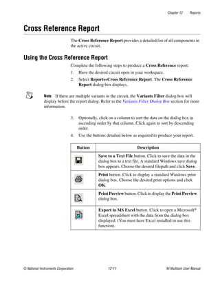 Chapter 12 Reports
© National Instruments Corporation 12-11 NI Multisim User Manual
Cross Reference Report
The Cross Reference Report provides a detailed list of all components in
the active circuit.
Using the Cross Reference Report
Complete the following steps to produce a Cross Reference report:
1. Have the desired circuit open in your workspace.
2. Select Reports»Cross Reference Report. The Cross Reference
Report dialog box displays.
Note If there are multiple variants in the circuit, the Variants Filter dialog box will
display before the report dialog. Refer to the Variants Filter Dialog Box section for more
information.
3. Optionally, click on a column to sort the data on the dialog box in
ascending order by that column. Click again to sort by descending
order.
4. Use the buttons detailed below as required to produce your report.
Button Description
Save to a Text File button. Click to save the data in the
dialog box to a text file. A standard Windows save dialog
box appears. Choose the desired filepath and click Save.
Print button. Click to display a standard Windows print
dialog box. Choose the desired print options and click
OK.
Print Preview button. Click to display the Print Preview
dialog box.
Export to MS Excel button. Click to open a Microsoft®
Excel spreadsheet with the data from the dialog box
displayed. (You must have Excel installed to use this
function).
 