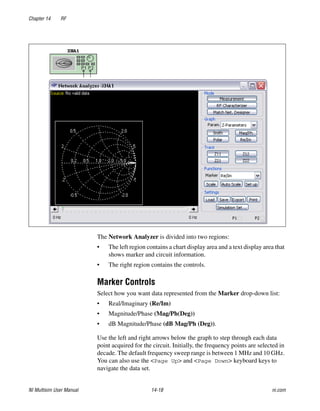 Chapter 14 RF
NI Multisim User Manual 14-18 ni.com
The Network Analyzer is divided into two regions:
• The left region contains a chart display area and a text display area that
shows marker and circuit information.
• The right region contains the controls.
Marker Controls
Select how you want data represented from the Marker drop-down list:
• Real/Imaginary (Re/Im)
• Magnitude/Phase (Mag/Ph(Deg))
• dB Magnitude/Phase (dB Mag/Ph (Deg)).
Use the left and right arrows below the graph to step through each data
point acquired for the circuit. Initially, the frequency points are selected in
decade. The default frequency sweep range is between 1 MHz and 10 GHz.
You can also use the <Page Up> and <Page Down> keyboard keys to
navigate the data set.
 