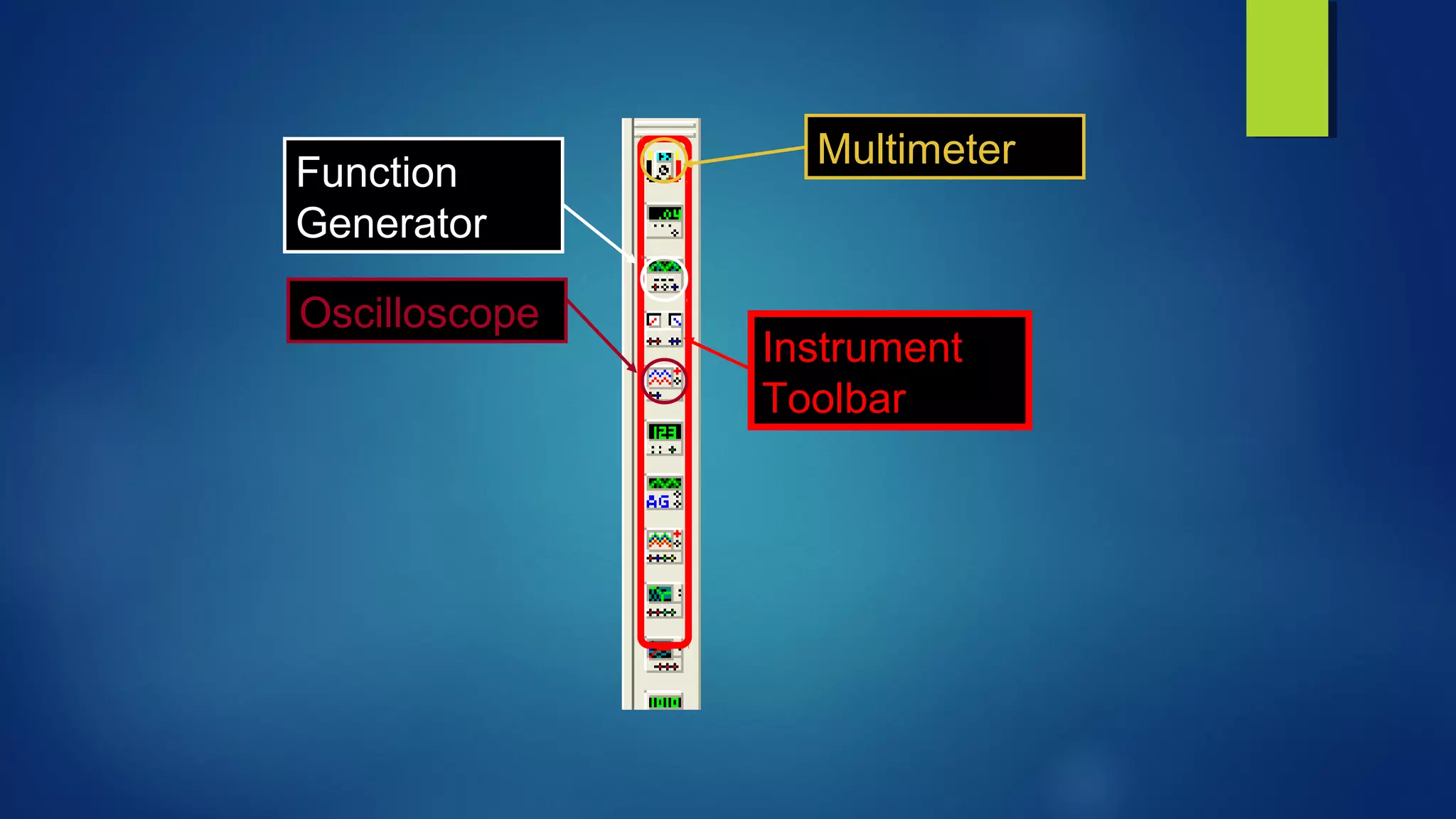 Instrument
Toolbar
Function
Generator
Oscilloscope
Multimeter
 
