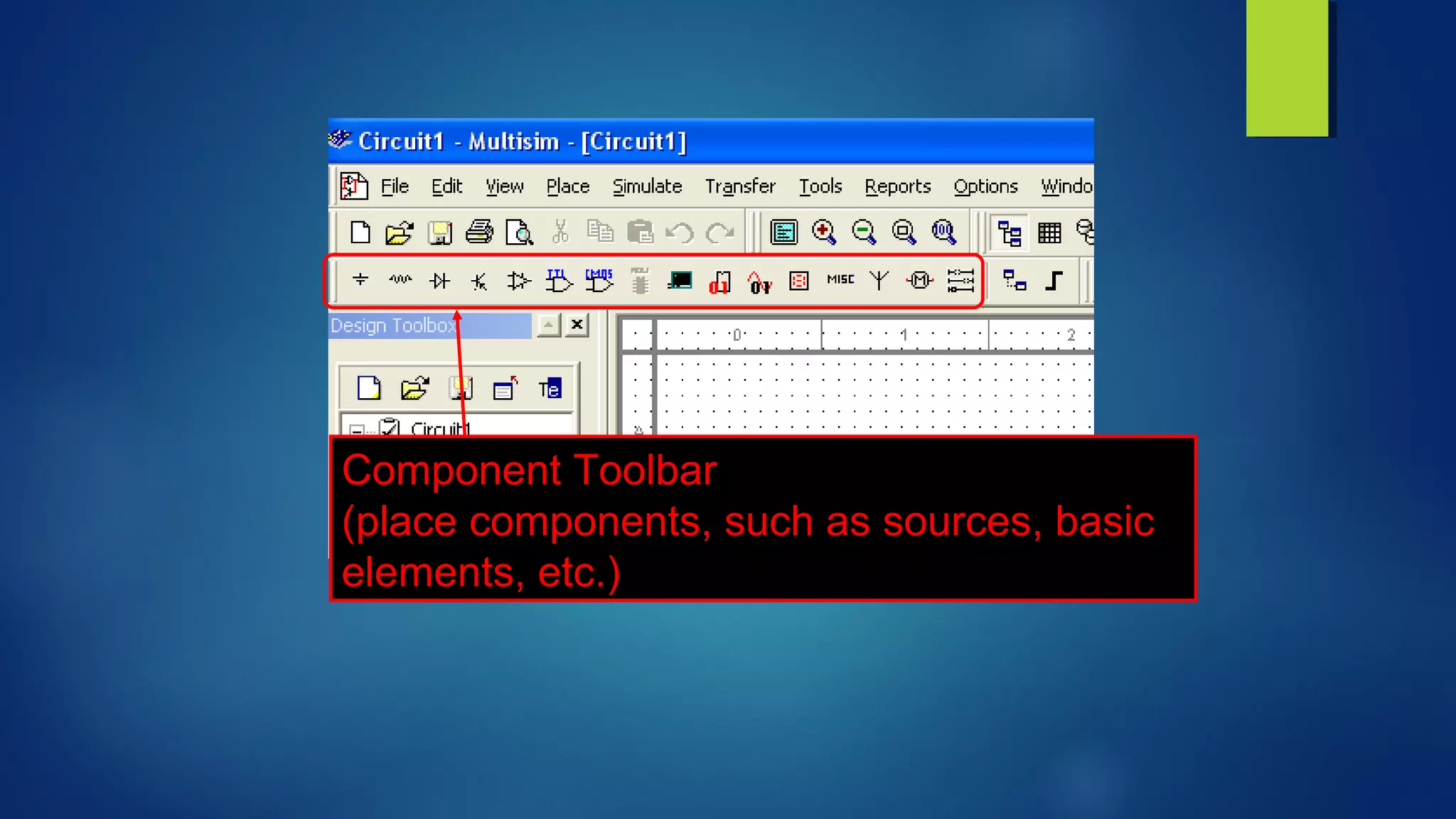 Component Toolbar
(place components, such as sources, basic
elements, etc.)
 
