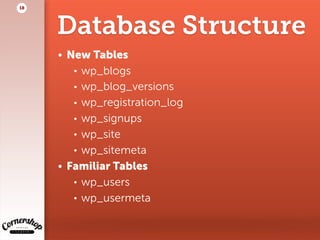 Database Structure
• New Tables
• wp_blogs
• wp_blog_versions
• wp_registration_log
• wp_signups
• wp_site
• wp_sitemeta
• Familiar Tables
• wp_users
• wp_usermeta
18
 