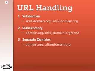 URL Handling
1. Subdomain
• site1.domain.org, site2.domain.org
2. Subdirectory
• domain.org/site1, domain.org/site2
3. Separate Domains
• domain.org, otherdomain.org
9
 