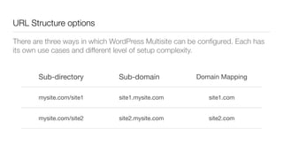 URL Structure options
There are three ways in which WordPress Multisite can be conﬁgured. Each has
its own use cases and different level of setup complexity.
Sub-directory	 Sub-domain	 Domain Mapping
mysite.com/site1 site1.mysite.com site1.com
mysite.com/site2 site2.mysite.com site2.com
 