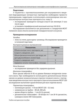 31
Мультиспиральная компьютерная томография в многопрофильном стационаре
Учебно-методическое пособие
Подготовка
У пациентов с противопоказаниями для внутривенного введе-
ния йодсодержащих контрастных препаратов необходимо провести
премедикацию, гидратацию и использовать изоосмолярные или низ-
коосмолярные контрастные препараты (см. главу 2).
• исследование проводится натощак (спустя как минимум 3 часа
после еды);
• установить периферический венозный катетер (18-20 G).
Исследование выполняется как дополнение к стандартной МСКТ
головного мозга (после исключения геморрагического инсульта).
Проведение исследования
Укладка:
• лежа на спине, руки вдоль туловища. Исследование проводится
в головной подставке.
Контрастирование внутривенное:
Показатель Значение
Объем контрастного препарата, мл 50
Скорость введения, мл/с 5-10
Объем физиологического раствора, мл
(для двухколбового инжектора)
50
Скорость введения, мл/с 5
Задержка начала томографии, секунды 5
Фаза дыхания:
• исследование проводится без задержки дыхания.
Диапазон томографии:
Блок срезов (обычно 8-16) на уровне боковых желудочков голов-
ного мозга. При необходимости используются дополнительные блоки
срезов на уровне конвекситальных отделов головного мозга с повтор-
ным введением контрастного препарата (при использовании МСКТ-320
исследование выполняют одним блоком для всех отделов мозга).
Параметры томографии:
• коллимация срезов – 4-8 мм (МСКТ-320 – 0,5 мм);
• напряжение на трубке – 80 кВ, 200 мА;
• время оборота трубки – 1 сек (8-16 срезов);
• динамическое томография – 50-60 фаз по 1 сек (8-16 срезов/сек,
суммарно около 500 томограмм).
 