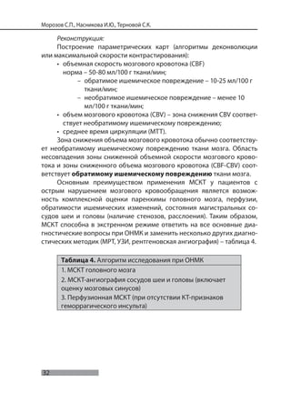 32
Морозов С.П., Насникова И.Ю., Терновой С.К.
Реконструкция:
Построение параметрических карт (алгоритмы деконволюции
или максимальной скорости контрастирования):
• объемная скорость мозгового кровотока (CBF)
норма – 50-80 мл/100 г ткани/мин;
– обратимое ишемическое повреждение – 10-25 мл/100 г
ткани/мин;
– необратимое ишемическое повреждение – менее 10
мл/100 г ткани/мин;
• объем мозгового кровотока (CBV) – зона снижения CBV соответ-
ствует необратимому ишемическому повреждению;
• среднее время циркуляции (MTT).
Зона снижения объема мозгового кровотока обычно соответству-
ет необратимому ишемическому повреждению ткани мозга. Область
несовпадения зоны сниженной объемной скорости мозгового крово-
тока и зоны сниженного объема мозгового кровотока (CBF-CBV) соот-
ветствует обратимому ишемическому повреждению ткани мозга.
Основным преимуществом применения МСКТ у пациентов с
острым нарушением мозгового кровообращения является возмож-
ность комплексной оценки паренхимы головного мозга, перфузии,
обратимости ишемических изменений, состояния магистральных со-
судов шеи и головы (наличие стенозов, расслоения). Таким образом,
МСКТ способна в экстренном режиме ответить на все основные диа-
гностические вопросы при ОНМК и заменить несколько других диагно-
стических методик (МРТ, УЗИ, рентгеновская ангиография) – таблица 4.
Таблица 4. Алгоритм исследования при ОНМК
1. МСКТ головного мозга
2. МСКТ-ангиография сосудов шеи и головы (включает
оценку мозговых синусов)
3. Перфузионная МСКТ (при отсутствии КТ-признаков
геморрагического инсульта)
 