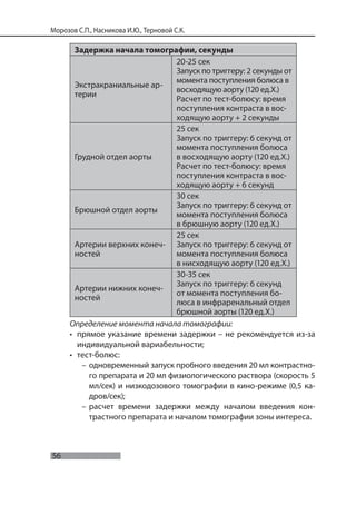 56
Морозов С.П., Насникова И.Ю., Терновой С.К.
Задержка начала томографии, секунды
Экстракраниальные ар-
терии
20-25 сек
Запуск по триггеру: 2 секунды от
момента поступления болюса в
восходящую аорту (120 ед.Х.)
Расчет по тест-болюсу: время
поступления контраста в вос-
ходящую аорту + 2 секунды
Грудной отдел аорты
25 сек
Запуск по триггеру: 6 секунд от
момента поступления болюса
в восходящую аорту (120 ед.Х.)
Расчет по тест-болюсу: время
поступления контраста в вос-
ходящую аорту + 6 секунд
Брюшной отдел аорты
30 сек
Запуск по триггеру: 6 секунд от
момента поступления болюса
в брюшную аорту (120 ед.Х.)
Артерии верхних конеч-
ностей
25 сек
Запуск по триггеру: 6 секунд от
момента поступления болюса
в нисходящую аорту (120 ед.Х.)
Артерии нижних конеч-
ностей
30-35 сек
Запуск по триггеру: 6 секунд
от момента поступления бо-
люса в инфраренальный отдел
брюшной аорты (120 ед.Х.)
Определение момента начала томографии:
• прямое указание времени задержки – не рекомендуется из-за
индивидуальной вариабельности;
• тест-болюс:
– одновременный запуск пробного введения 20 мл контрастно-
го препарата и 20 мл физиологического раствора (скорость 5
мл/сек) и низкодозового томографии в кино-режиме (0,5 ка-
дров/сек);
– расчет времени задержки между началом введения кон-
трастного препарата и началом томографии зоны интереса.
 