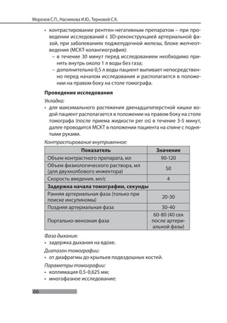 66
Морозов С.П., Насникова И.Ю., Терновой С.К.
• контрастирование рентген-негативным препаратом – при про-
ведении исследований с 3D-реконструкцией артериальной фа-
зой, при заболеваниях поджелудочной железы, блоке желчеот-
ведения (МСКТ-холангиография):
– в течение 30 минут перед исследованием необходимо при-
нять внутрь около 1 л воды без газа;
– дополнительно 0,5 л воды пациент выпивает непосредствен-
но перед началом исследования и располагается в положе-
нии на правом боку на столе томографа.
Проведение исследования
Укладка:
• для максимального растяжения двенадцатиперстной кишки во-
дой пациент располагается в положении на правом боку на столе
томографа (после приема жидкости per os) в течение 3-5 минут,
далее проводится МСКТ в положении пациента на спине с подня-
тыми руками.
Контрастирование внутривенное:
Показатель Значение
Объем контрастного препарата, мл 90-120
Объем физиологического раствора, мл
(для двухколбового инжектора)
50
Скорость введения, мл/с 4
Задержка начала томографии, секунды
Ранняя артериальная фаза (только при
поиске инсулиномы)
20-30
Поздняя артериальная фаза 30-40
Портально-венозная фаза
60-80 (40 сек
после артери-
альной фазы)
Фаза дыхания:
• задержка дыхания на вдохе.
Диапазон томографии:
• от диафрагмы до крыльев подвздошных костей.
Параметры томографии:
• коллимация 0,5-0,625 мм;
• многофазное исследование:
 