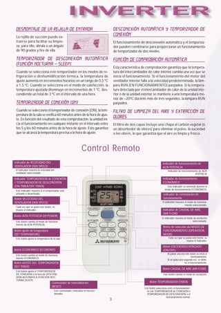 Desmontaje de la rejilla de entrada                                                 Desconexión automática y temporizador de
 La rejilla de succión puede ex-
                                                                                     conexión
 traerse para facilitar su limpie-                                                   El funcionamiento de desconexión automática y el temporiza-
 za; para ello, ábrala a un ángulo                                                   dor pueden combinarse para proporcionar un funcionamiento
 de 90 grados y tire de ella.                                                        de temporizador de dos niveles.

 Temporizador de desconexión automática                                              Función de comprobación automática
 (función nocturna – SLEEP)
                                                                                     Esta característica de comprobación garantiza que la tempera-
 Cuando se selecciona este temporizador en los modos de re-                          tura del intercambiador de calor interior cambia una vez que se
 frigeración o deshumidificación térmica, la temperatura de                          inicia el funcionamiento. Si el funcionamiento del motor del
 ajuste aumenta en incrementos horarios en un rango de 0,5 ºC                        ventilador interior falla a la velocidad predeterminada, la lám-
 a 1,5 ºC. Cuando se selecciona en el modo de calefacción, la                        para RUN (EN FUNCIONAMIENTO) parpadea. Si la tempera-
 temperatura ajustada disminuye en incrementos de 1 ºC, des-                         tura detectada por el intercambiador de calor de la unidad inte-
 cendiendo un total de 3 ºC en el intervalo de una hora.                             rior o de la unidad exterior se mantiene a una temperatura me-
                                                                                     nor de –20ºC durante más de tres segundos, la lámpara RUN
 Temporizador de conexión (ON)                                                       parpadea.
 Cuando se selecciona el temporizador de conexión (ON), la tem-                      Filtro de limpieza del aire y extracción de
 peratura de la sala se verifica 60 minutos antes de la hora de ajus-
 te. En función del resultado de esta comprobación, la unidad ini-
                                                                                     olores
 cia el funcionamiento en cualquier instante en el intervalo entre                   El filtro de dos capas incluye una chapa al carbón vegetal (o
 los 5 y los 60 minutos antes de la hora de ajuste. Esto garantiza                   un absorbedor de olores) para eliminar el polvo, la suciedad
 que se alcanza la temperatura precisa a la hora de ajuste.                          o los olores, lo que garantiza que el aire es limpio y fresco.



                                                                Control Remoto
Indicador de VELOCIDAD DEL                                                                                                 Indicador de funcionamiento de
VENTILADOR (FAN SPEED)                                                                                                     ALTA POTENCIA
 El indicador muestra la velocidad del                                                                                          Indicador de funcionamiento de ALTA
 ventilador seleccionada.                                                                                                                                POTENCIA
Indicador TEMPORIZADOR de CONEXIÓN                                                                                         Indicador de funcionamiento
/ TEMPORIZADOR DE DESCONEXIÓN                                                                                              ECONÓMICO
(ON TIMER/OFF TIMER)                                                                                                           Este indicador se enciende durante el
 Este indicador muestra si el temporizador está                                                                              modo de funcionamiento ECONÓMICO.
 activado o desactivado.                                                                                                    Indicador de conmutación de
Botón VELOCIDAD DEL                                                                                                         funcionamiento
VENTILADOR (FAN SPEED)                                                                                                     El indicador muestra el modo de funciona-
                                                                                                                                                miento seleccionado.
 Cada vez que se pulsa este botón, se
 mueve el indicador.                                                                                                       Indicador de CAUDAL DE AIRE
                                                                                                                           (AIR FLOW)
Botón ALTA POTENCIA (HI POWER)
                                                                                                                          El indicador muestra el modo de oscilación
 Este botón cambia al modo de funciona-                                                                                                               seleccionado.
 miento de ALTA POTENCIA.
                                                                                                                           Botón de selección del MODO DE
Botón ajuste de temperatura                                                                                                FUNCIONAMIENTO (OPERATION
(SET TEMPERATURE)                                                                                                          MODE)
 Este botón ajusta la temperatura de la sala.                                                                                   Cada vez que se pulsa este botón, se
                                                                                                                                                mueve el indicador.

                                                                                                                           Botón ENCENDIDO/APAGADO
Botón ECONÓMICO (ECONOMY)                                                                                                  (ON/OFF)
                                                                                                                                Al pulsar una vez este botón se inicia el
 Este botón cambia al modo de funciona-
                                                                                                                                                        funcionamiento.
 miento ECONÓMICO.
                                                                                                                                Si se pulsa una segunda vez, se detie-
Botón AJUSTE DEL TEMPORIZADOR                                                                                                                    ne el funcionamiento.
(SET TIMER)
                                                                                                                           Botón CAUDAL DE AIRE (AIR FLOW)
 Este botón ajusta el TEMPORIZADOR
 DE CONEXIÓN o la hora de DESCONE-                                                                                          Este botón cambia el modo de oscilación.
 XIÓN AUTOMÁTICA (FUNCIÓN NOC-
 TURNA (SLEEP).
                                    Conmutador de reinicialización                                            Botón TEMPORIZADOR (TIMER)
                                    (RESET)
                                                                                                          Este botón selecciona entre el funcionamien-
                                      Este conmutador reinicializa el microor-                              to con TEMPORIZADOR de CONEXIÓN o
                                      denador.                                                              TEMPORIZADOR DE DESCONEXIÓN o el
                                                                                                                               funcionamiento normal.
                                                                                 3
 