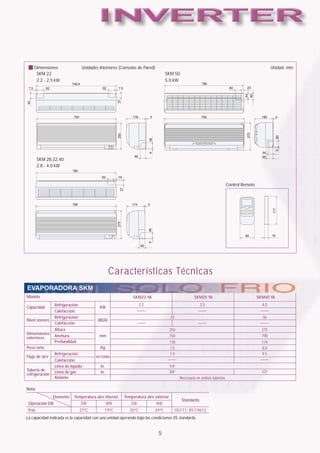 Dimensiones                  Unidades Interiores (Consolas de Pared)                                                                               Unidad: mm
     SKM 22                                                                         SKM 50
     2.2 - 2.5 kW                                                                   5.0 kW




                                                      250




        SKM 28,32,40
        2.8 - 4.0 kW



                                                                                                                             Control Remoto




                                                 Características Técnicas
EVAPORADORA SKM
Modelo                                                          SKM22 YA                               SKM25 YA                               SKM40 YA
                Refrigeración                                         2.2                                   2.5                                 4.0
Capacidad                                 KW
                Calefacción
                Refrigeración                                                           33                                                      36
Nivel sonoro                             dB(A)
                Calefacción
                Altura                                                                  250                                                     275
Dimensiones
exteriores      Anchura                   mm                                            750                                                     790
                Profundidad                                                             178                                                     174
Peso neto                                  Kg                                           7,5                                                     8,0
                Refrigeración                                                           7.0                                                     9.5
Flujo de aire                           m3/min
                Calefacción
                Línea de líquido           in.                                          1/4”
Tuberia de      Línea de gas               in.                                          3/8”                                                    1/2”
refrigeración
                Aislante                                                                       Necesaria en ambas tuberias

Nota:
                Elemento   Temperatura aire interior        Temperatura aire exterior
                                                                                                Standards
 Operación DB                   DB               WB            DB            WB
 Frio                           27ºC         19ºC              35ºC          24ºC            ISO-T1, JIS C9612
La capacidad indicada es la capacidad con una unidad operando bajo las condiciones JIS standards.


                                                                               5
 