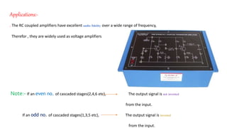 Applications:-
. The RC coupled amplifiers have excellent audio fidelity over a wide range of frequency,
Therefor , they are widely used as voltage amplifiers
Note:- If an even no. of cascaded stages(2,4,6 etc), The output signal is not inverted
from the input.
If an odd no. of cascaded stages(1,3,5 etc), The output signal is inverted
from the input.
 