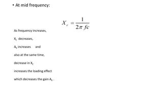 • At mid frequency:
As frequency increases,
XC decreases,
AV increases and
also at the same time,
decrease in XC
increases the loading effect
which decreases the gain AV .
 