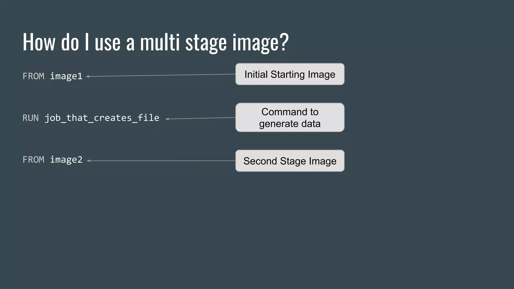 How do I use a multi stage image?
FROM image1
RUN job_that_creates_file
FROM image2
Initial Starting Image
Command to
generate data
Second Stage Image
 