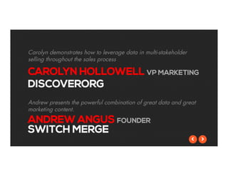 Carolyn demonstrates how to leverage data in multi-stakeholder 
selling throughout the sales process 
CAROLYN HOLLOWELL VP MARKETING 
DISCOVERORG 
Andrew presents the powerful combination of great data and great 
marketing content. 
ANDREW ANGUS FOUNDER 
SWITCH MERGE 
 