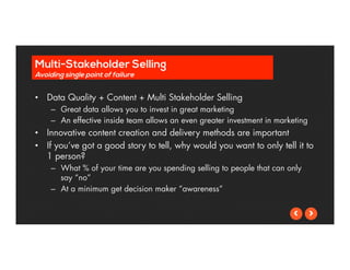 Multi-Stakeholder Selling 
Avoiding single point of failure 
• Data Quality + Content + Multi Stakeholder Selling 
– Great data allows you to invest in great marketing 
– An effective inside team allows an even greater investment in marketing 
• Innovative content creation and delivery methods are important 
• If you’ve got a good story to tell, why would you want to only tell it to 
1 person? 
– What % of your time are you spending selling to people that can only 
say “no” 
– At a minimum get decision maker “awareness” 
 