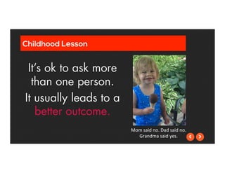 Childhood Lesson 
It’s ok to ask more 
than one person. 
It usually leads to a 
better outcome. 
Mom 
said 
no. 
Dad 
said 
no. 
Grandma 
said 
yes. 
 