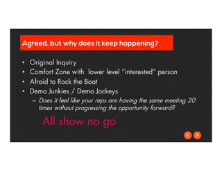 Agreed, but why does it keep happening? 
• Original Inquiry 
• Comfort Zone with lower level “interested” person 
• Afraid to Rock the Boat 
• Demo Junkies / Demo Jockeys 
– Does it feel like your reps are having the same meeting 20 
times without progressing the opportunity forward? 
All show no go 
 