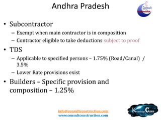 Andhra Pradesh
• Wide Definition • Registration
– Limit – Works Contract – Rs. 7.5 Lacs (Govt/Comp Scheme) , Others – Rs.
5-50 Lacs
– Non Resident – No specific provisions

• Works Contract chargeable at scheduled rates – (1% till Rs.
50 Lacs) Mention of Prorata calculation
• Composition Scheme
–
–
–
–
–

5%
Permission Required – VAT 250
Deductions Available
Yearly and Contract Specific- Same Form
No Restrictions except Input Credit
info@consultconstruction.com
www.consultconstruction.com

 
