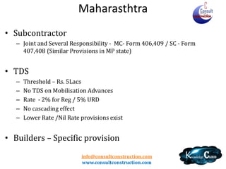 Maharashtra
• Wide Definition • Registration
– Limit – 5 Lacs (Same as Gujarat)
– Separate form for Registration
– Non Resident – specific provisions

• Works Contract chargeable at scheduled rates
• Composition Scheme – 1% / 5% / 8%
– Deduction of sub-contractor is available
– Can be claimed as a part of Tax Invoice
– Peculiar method of claiming ITC – Nil / >4%/ 64%of ITC

info@consultconstruction.com
www.consultconstruction.com

 