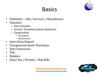 Key Information
• First two digits of TIN represent the state –
Jammu – 01, Delhi – 07, Gujarat – 24 and so
on
• National VAT Dealer Registrationwww.tinxsys.com

info@consultconstruction.com
www.consultconstruction.com

 