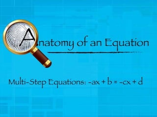This is the solution to a multi-step-equation. This slide show will
show you the steps in solving such equations.

 