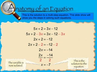 This is the solution to a multi-step-equation. This slide show will
show you the steps in solving such equations.

 