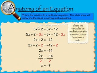 This is the solution to a multi-step-equation. This slide show will
show you the steps in solving such equations.

 
