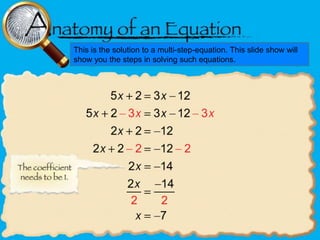 This is the solution to a multi-step-equation. This slide show will
show you the steps in solving such equations.

 