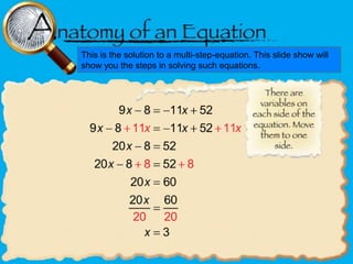 This is the solution to a multi-step-equation. This slide show will
show you the steps in solving such equations.