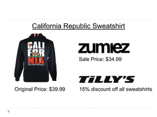California Republic Sweatshirt
Original Price: $39.99
Sale Price: $34.99
15% discount off all sweatshirts
 