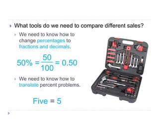  What tools do we need to compare different sales?
 We need to know how to
change percentages to
fractions and decimals.
50% = = 0.50
 We need to know how to
translate percent problems.
Five = 5
50
100
 