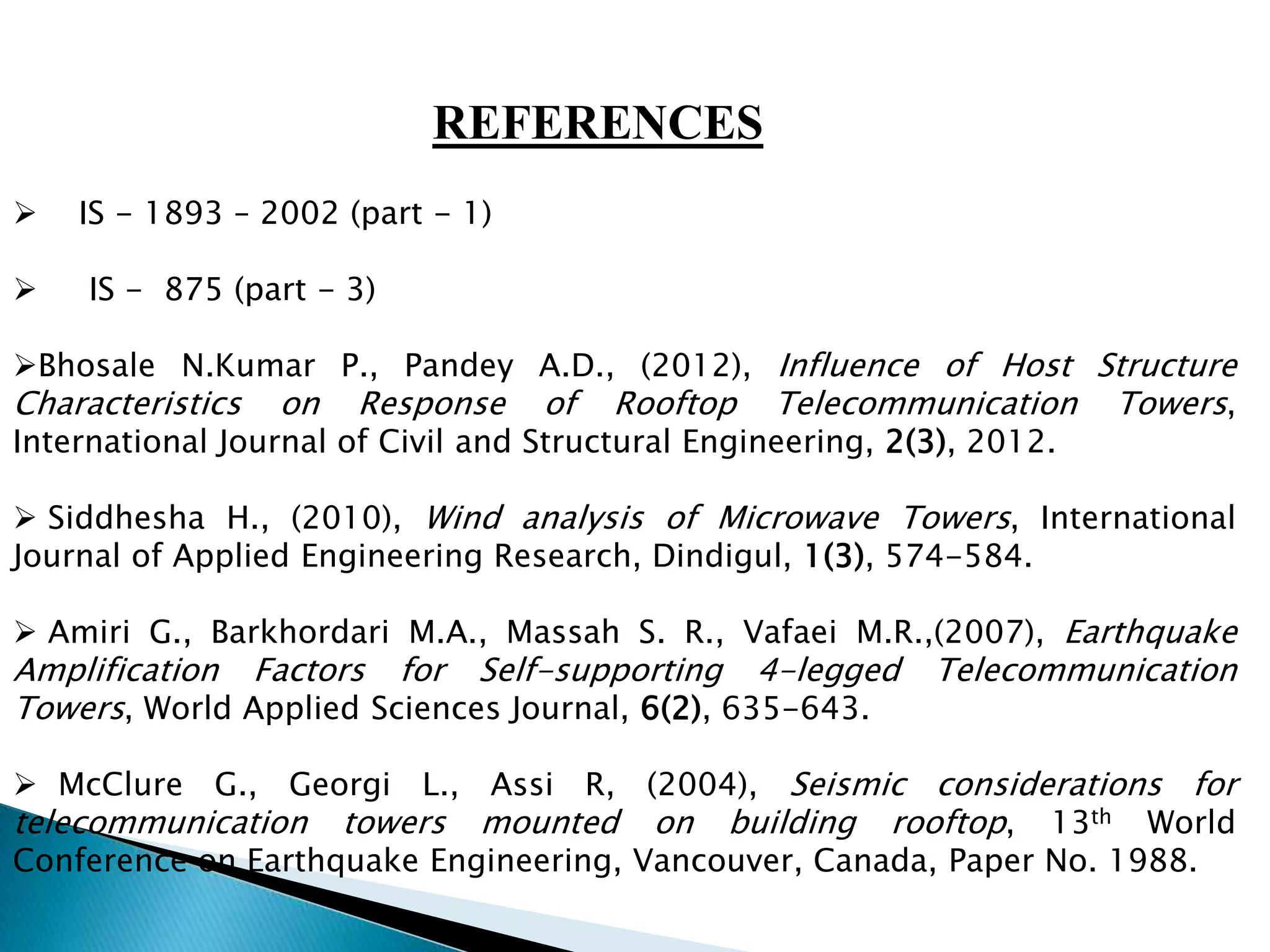 REFERENCES 
 IS - 1893 – 2002 (part - 1) 
 IS - 875 (part - 3) 
Bhosale N.Kumar P., Pandey A.D., (2012), Influence of Host Structure 
Characteristics on Response of Rooftop Telecommunication Towers, 
International Journal of Civil and Structural Engineering, 2(3), 2012. 
 Siddhesha H., (2010), Wind analysis of Microwave Towers, International 
Journal of Applied Engineering Research, Dindigul, 1(3), 574-584. 
 Amiri G., Barkhordari M.A., Massah S. R., Vafaei M.R.,(2007), Earthquake 
Amplification Factors for Self-supporting 4-legged Telecommunication 
Towers, World Applied Sciences Journal, 6(2), 635-643. 
 McClure G., Georgi L., Assi R, (2004), Seismic considerations for 
telecommunication towers mounted on building rooftop, 13th World 
Conference on Earthquake Engineering, Vancouver, Canada, Paper No. 1988. 
 