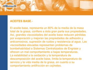 ACEITES BASE.-

El aceite base, representa un 80% de la media de la masa
total de la grasa, confiere a ésta gran parte sus propiedades.
Así, grandes viscosidades del aceite base reducen pérdidas
por evaporación y mejoran las propiedades de adhesión y
anticorrosivos, supresión de ruidos y resistencia al agua. Las
viscosidades elevadas representan problemas de
bombehabilidad a Sistemas Centralizados de Engrase y
ofrecen un mal comportamiento a bajas temperaturas.
La estabilidad a la oxidación y la temperatura de
descomposición del aceite base, limita la temperatura de
servicio y la vida media de la grasa, en cuanto a su
comportamiento antifricción en cojinetes.
 