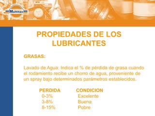 PROPIEDADES DE LOS
        LUBRICANTES
GRASAS:

Lavado de Agua: Indica el % de pérdida de grasa cuando
el rodamiento recibe un chorro de agua, proveniente de
un spray bajo determinados parámetros establecidos.

      PERDIDA          CONDICION
       0-3%             Excelente
       3-8%             Buena
       8-15%            Pobre
 