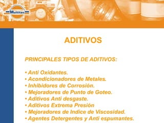 ADITIVOS

PRINCIPALES TIPOS DE ADITIVOS:

• Anti Oxidantes.
• Acondicionadores de Metales.
• Inhibidores de Corrosión.
• Mejoradores de Punto de Goteo.
• Aditivos Anti desgaste.
• Aditivos Extrema Presión
• Mejoradores de Indice de Viscosidad.
• Agentes Detergentes y Anti espumantes.
 
