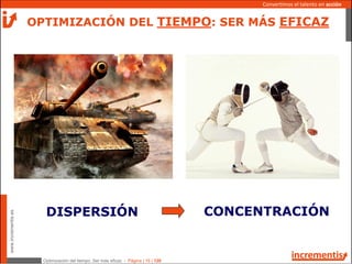 Optimización del tiempo: Ser más eficaz - Página | 16 | 120
www.incrementis.es
Convertimos el talento en acción
DISPERSIÓN CONCENTRACIÓN
OPTIMIZACIÓN DEL TIEMPO: SER MÁS EFICAZ
 