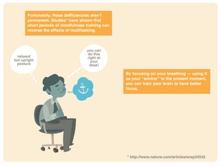 Fortunately, these deficiencies aren’t
permanent. Studies* have shown that
short periods of mindfulness training can
reverse the effects of multitasking.
By focusing on your breathing — using it
as your “anchor” to the present moment,
you can train your brain to have better
focus.
* http://www.nature.com/articles/srep24542
relaxed
but upright
posture
you can
do this
right at
your
desk!
 
