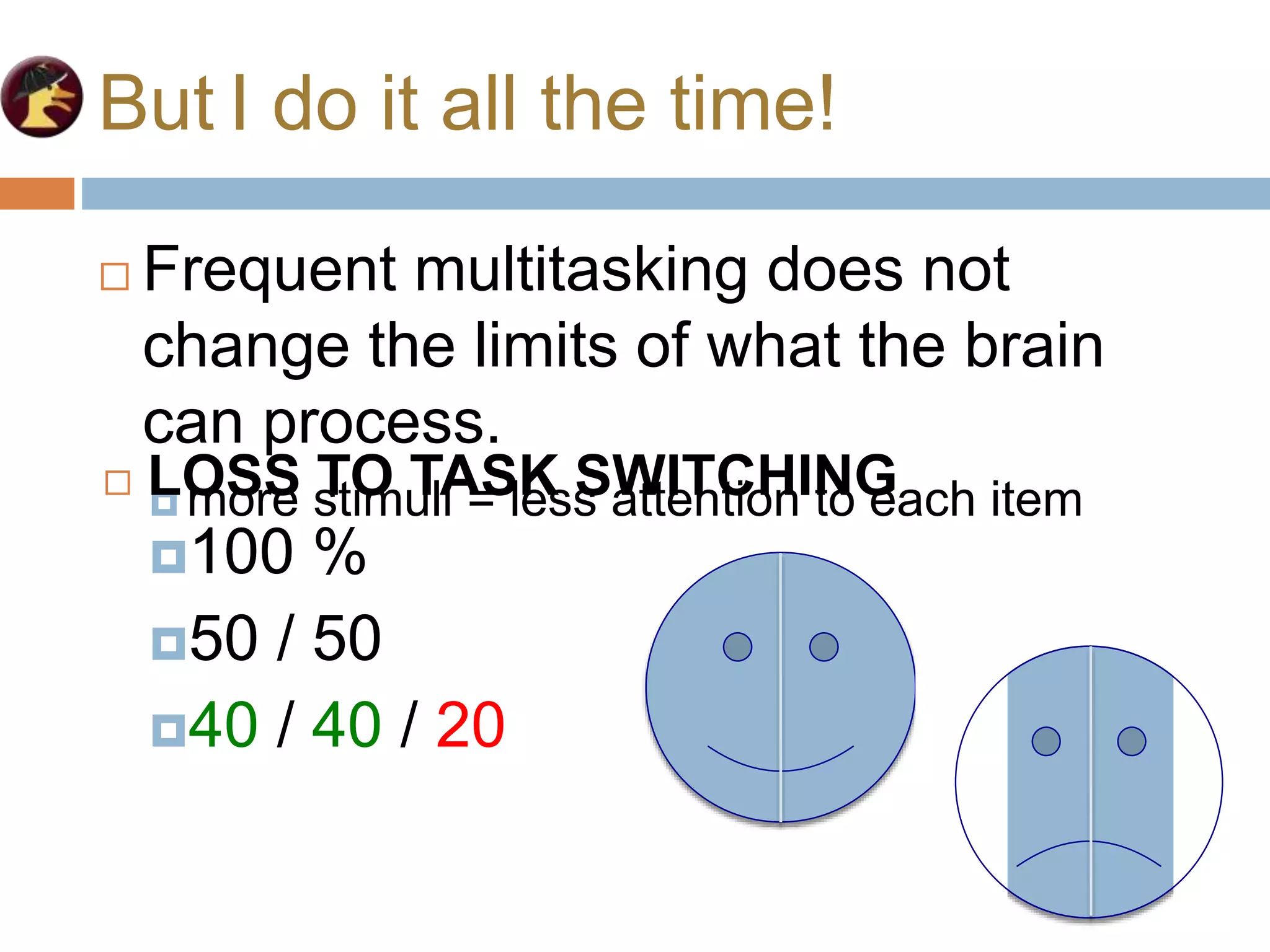 100
50 / 50
40 / 40 / 20
100
50 / 50
But I do it all the time!
 Frequent multitasking does not
change the limits of what the brain
can process.
 more stimuli = less attention to each item
100 %
 LOSS TO TASK SWITCHING
 