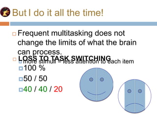 100
50 / 50
40 / 40 / 20
100
50 / 50
But I do it all the time!
 Frequent multitasking does not
change the limits of what the brain
can process.
 more stimuli = less attention to each item
100 %
 LOSS TO TASK SWITCHING
 