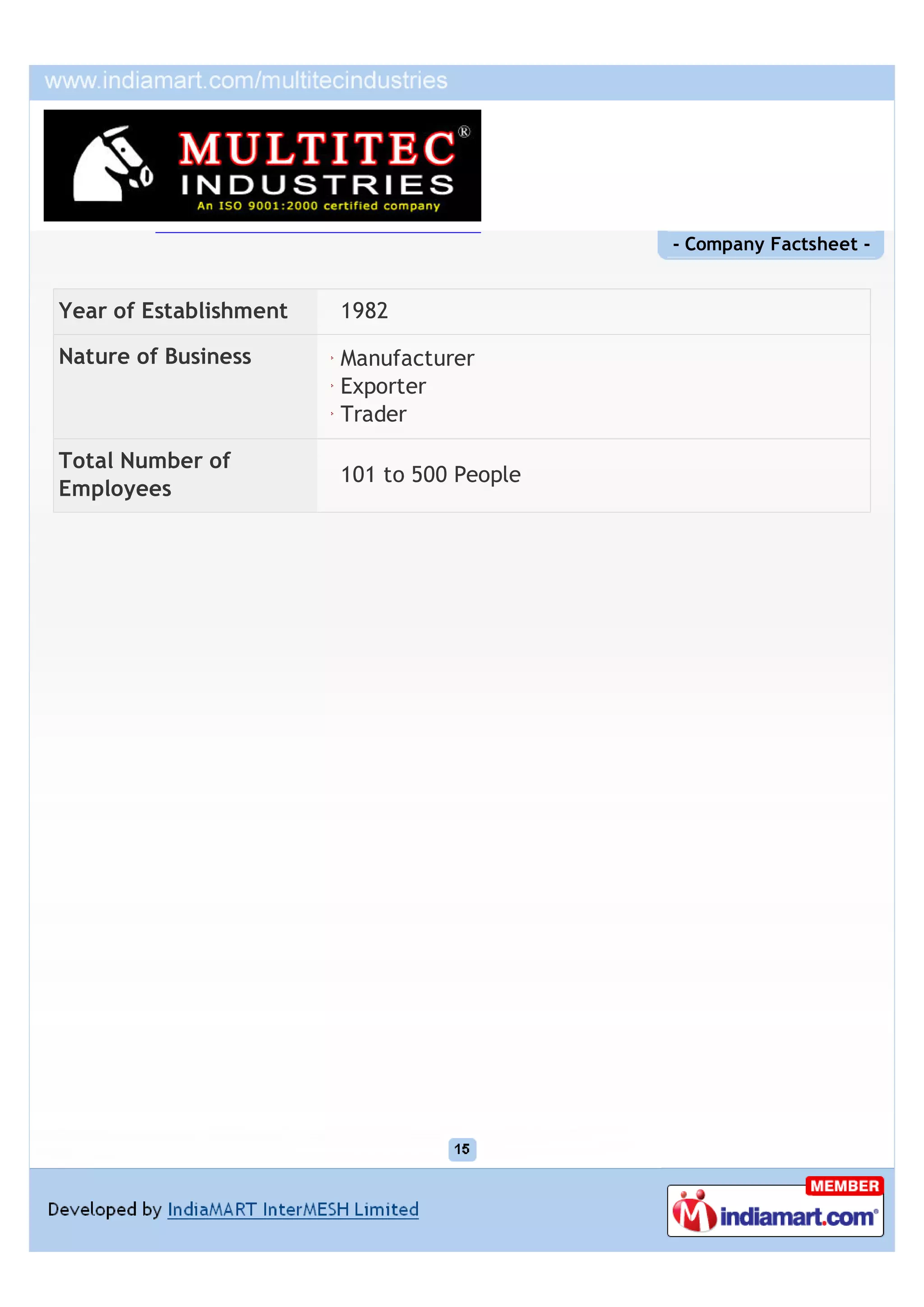 - Company Factsheet -


Year of Establishment   1982

Nature of Business      Manufacturer
                        Exporter
                        Trader

Total Number of
                        101 to 500 People
Employees
 