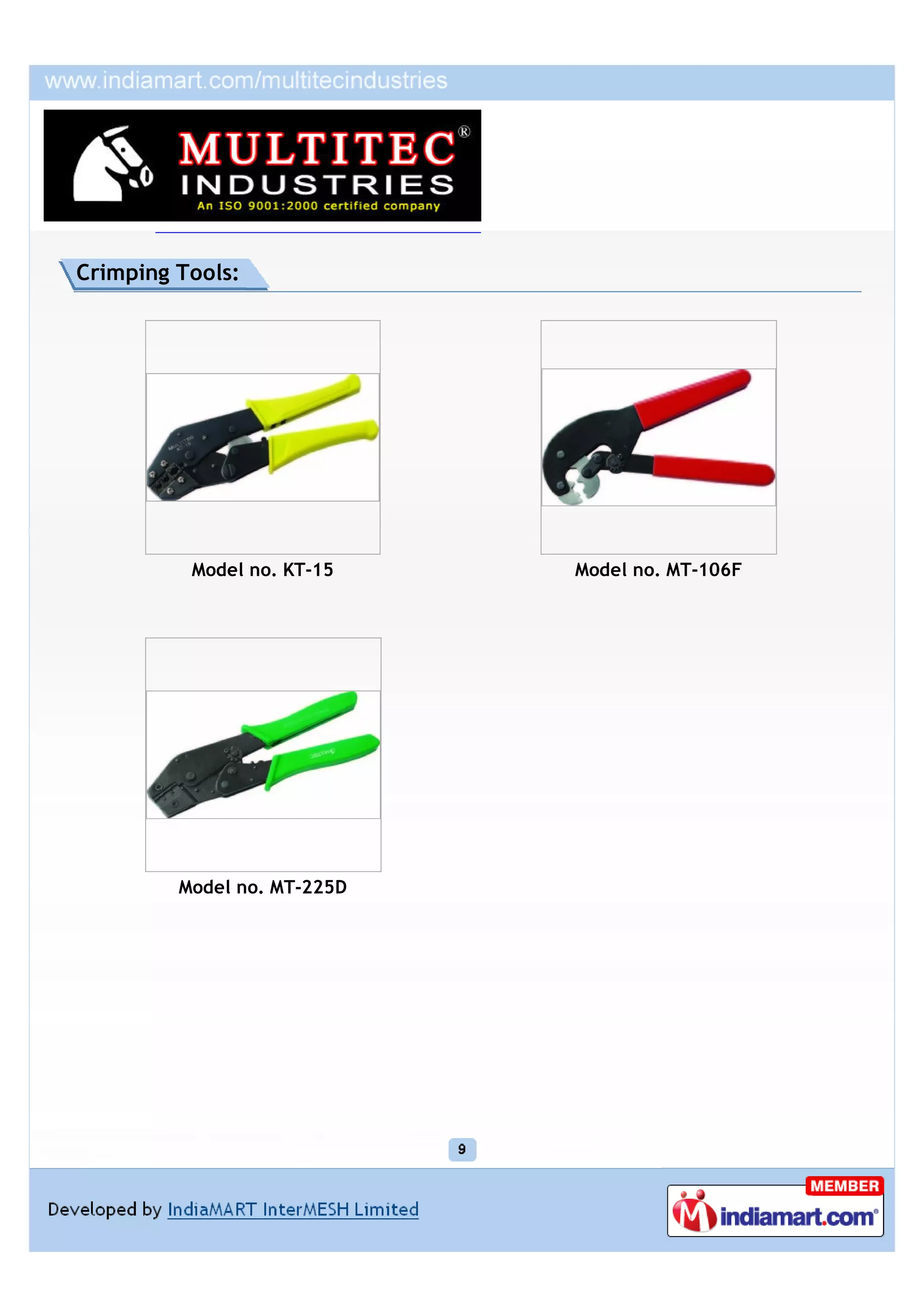 Crimping Tools:




          Model no. KT-15    Model no. MT-106F




         Model no. MT-225D
 