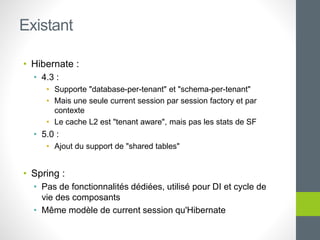 • Hibernate :
• 4.3 :
• Supporte "database-per-tenant" et "schema-per-tenant"
• Mais une seule current session par session factory et par
contexte
• Le cache L2 est "tenant aware", mais pas les stats de SF
• 5.0 :
• Ajout du support de "shared tables"
• Spring :
• Pas de fonctionnalités dédiées, utilisé pour DI et cycle de
vie des composants
• Même modèle de current session qu'Hibernate
Existant
 