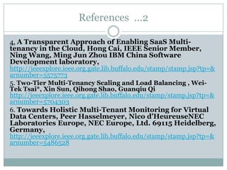 References …2

4. A Transparent Approach of Enabling SaaS Multi-
tenancy in the Cloud, Hong Cai, IEEE Senior Member,
Ning Wang, Ming Jun Zhou IBM China Software
Development laboratory,
http://ieeexplore.ieee.org.gate.lib.buffalo.edu/stamp/stamp.jsp?tp=&
arnumber=5575773
5. Two-Tier Multi-Tenancy Scaling and Load Balancing , Wei-
Tek Tsai*, Xin Sun, Qihong Shao, Guanqiu Qi
http://ieeexplore.ieee.org.gate.lib.buffalo.edu/stamp/stamp.jsp?tp=&
arnumber=5704303
6. Towards Holistic Multi-Tenant Monitoring for Virtual
Data Centers, Peer Hasselmeyer, Nico d’HeureuseNEC
Laboratories Europe, NEC Europe, Ltd. 69115 Heidelberg,
Germany,
http://ieeexplore.ieee.org.gate.lib.buffalo.edu/stamp/stamp.jsp?tp=&
arnumber=5486528
 