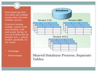 Each tenant gets their
own tables and multiple
tenants share the same
database process.

It involves housing
multiple tenants in the
same database, with
each tenant having its
own set of tables that are
grouped into a schema
created specifically for
the tenant.



•   Advantages

•   Disadvantages            Shared Database Process, Separate
                             Tables
 