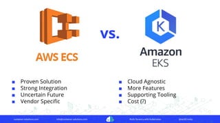 container-solutions.com info@container-solutions.com Multi-Tenancy with Kubernetes @IanDCrosby
vs.
■ Proven Solution
■ Strong Integration
■ Uncertain Future
■ Vendor Speciﬁc
■ Cloud Agnostic
■ More Features
■ Supporting Tooling
■ Cost (?)
 